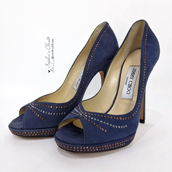 Jimmy Choo Blue Studded Suede Peep Toe High Heel - Picture 8 of 10